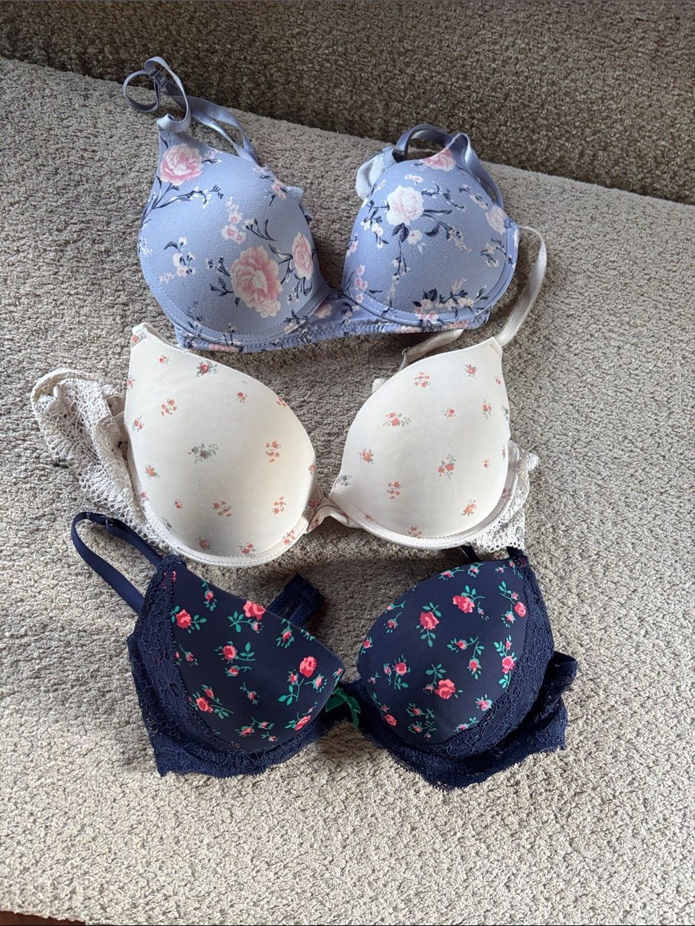 Floral Bra Trio - Blue, Cream & Navy
